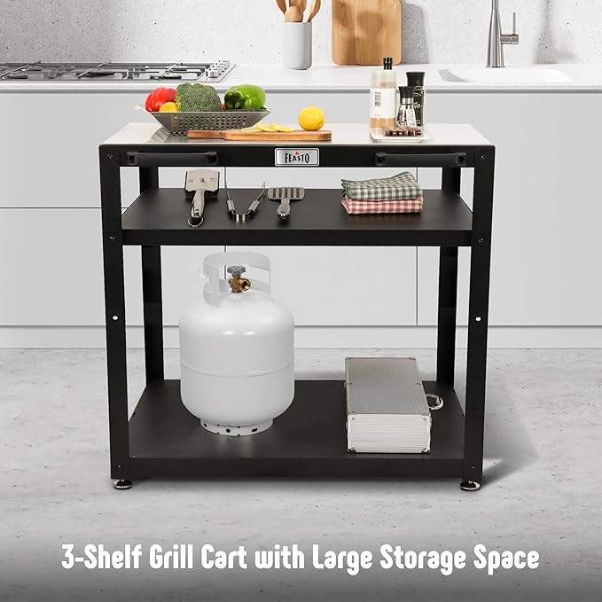 36''x 24'' Large Movable Pizza Oven Table for Outdoor, 304 Stainless Steel Grill Cart with Wheels, 3-Shelf Outdoor Kitchen Prep Table Pizza Oven Stand on Wheels for Pizza Oven& Griddle