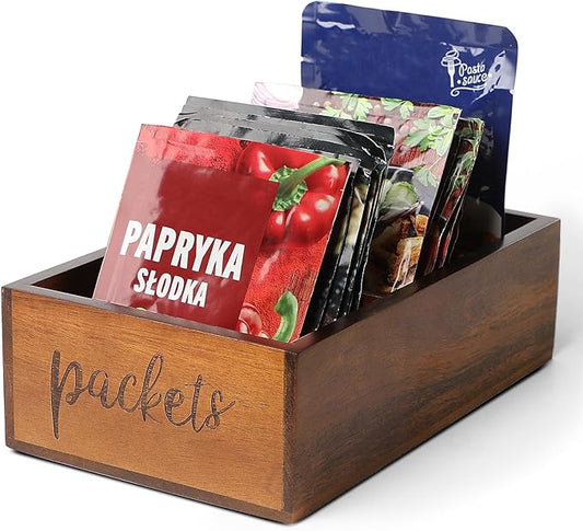 Packet Organizer, Acacia Wood Packet Storage Organizer with 3 Compartments,Farmhouse Kitchen Organization for Spice, Gravy, Taco, and Dressings Packets for Kitchen, Brown Labeled Packets