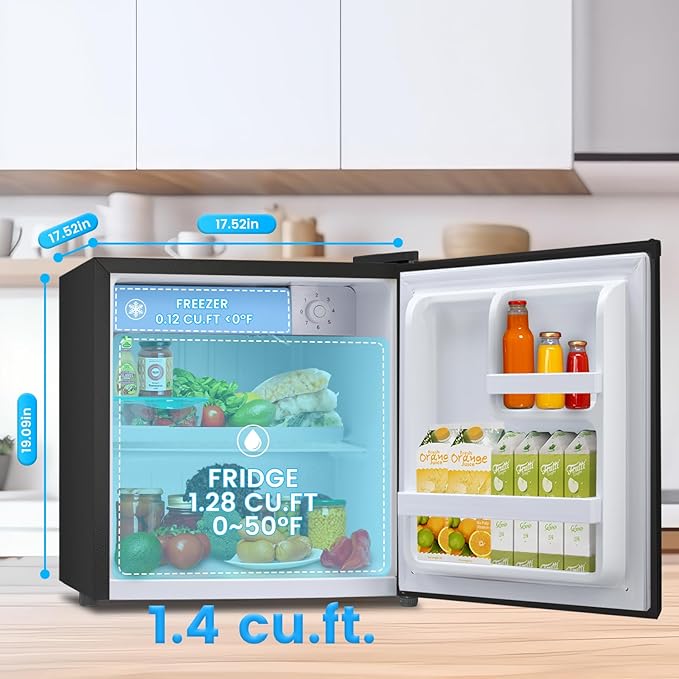 1.6 Cu.ft Mini Fridge with Freezer, Compact Refrigerator, Single Reversible Door, Ultra Quiet, Energy Efficient for Office, Dorm, Bedroom, Apartment, Black