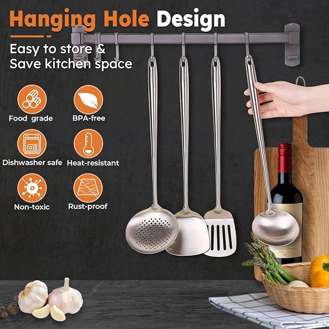 MARTE 17’’ Wok Spatula and Ladle Tools Set，[High Grade,Rustproof, Integral Forming, Heat Resistant],18/10 Stainless Steel Wok Utensils for Cooking，Ergonomic Wok Accessories Set of 2 for Kitchen