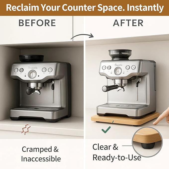 Sliding Tray for Coffee Maker, Appliance Slider Bamboo with Rubber Wheels for Heavy Kitchen Appliances, Coffee Pot Slider Tray for Countertop(14"D x 9.5"W)