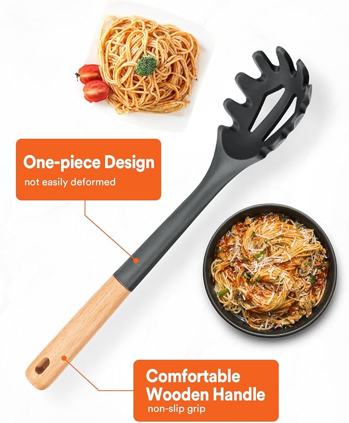 Silicone Pasta Fork, Kitchen Heat Resistant Noodle Spoon Server, BPA Free Spaghetti Strainer,12.8 inch (Grey)