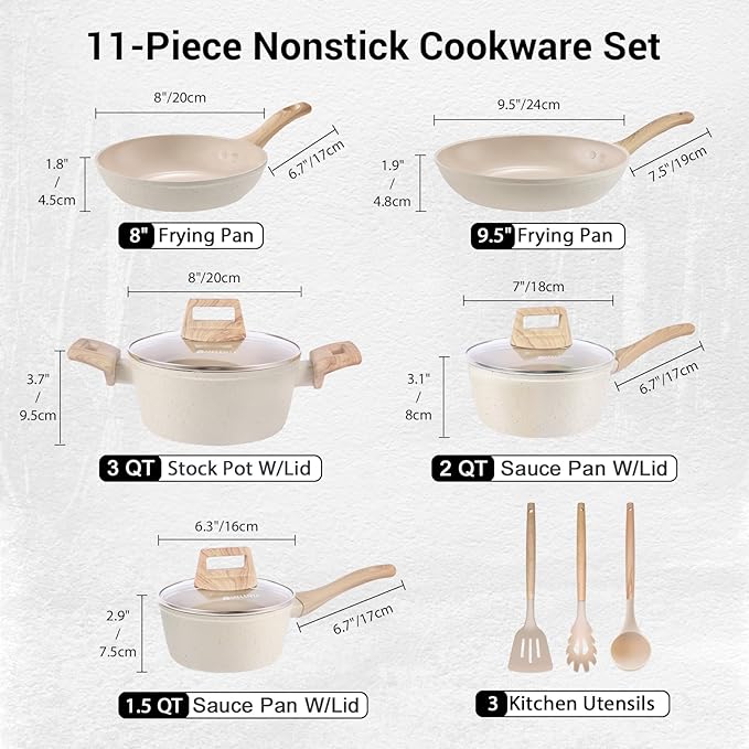 Pots and Pans Set Non Stick, 11pcs Ceramic Cookware Set, Non Toxic Induction Kitchen Cookware Sets, Nonstick Cooking Set with Stay Cool Handle, 100% PFOA Free, Cream