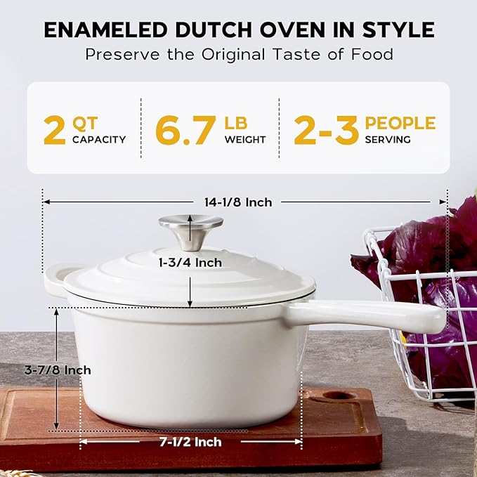 Onader 2 Quart Saucepan Dutch Oven, Enameled Cast Iron Sauce Pan Pot with Lid, Small Cooking Kitchen Pot, Nonstick & Oven Safe – White