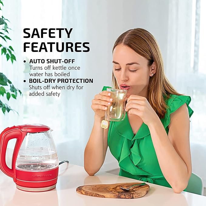 OVENTE Electric Kettle, 1.5L Borosilicate Glass Countertop Water Heater and Boiler for Coffee or Tea, BPA-Free, Auto Shut-Off, Boil-Dry Protection, Removable and Washable Spout Filter, Red KG83R