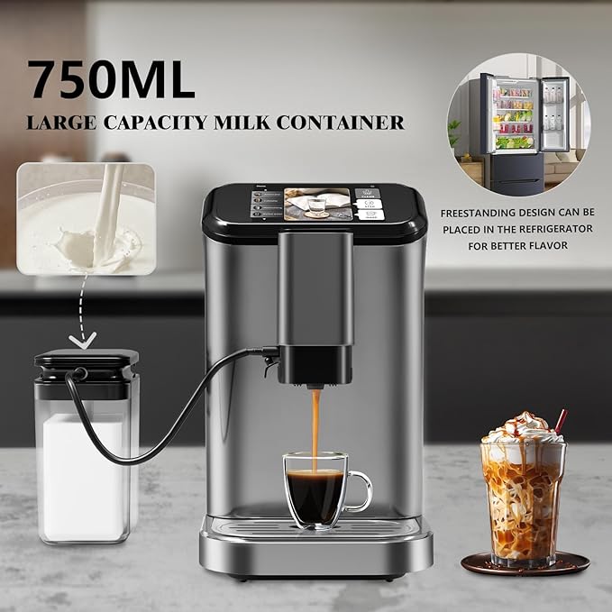 Fully Automatic Espresso Machine with Smart TFT Touchscreen, Brewing System and Automatic Milk Frothing System, 6 One-Touch Programs, 1.5L Detachable Water Tank for Home/Office Use, Grey