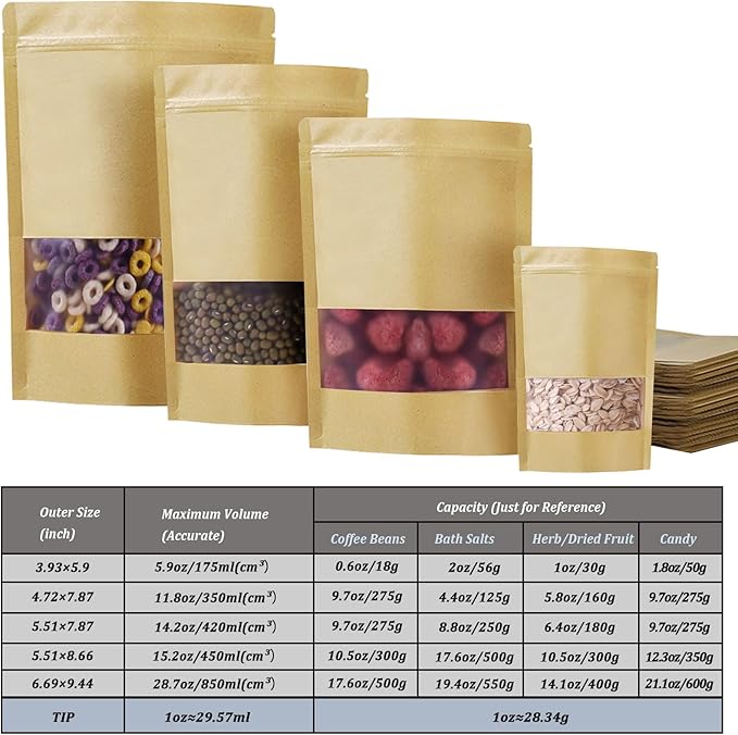 100 PCS Resealable Stand Up Kraft Paper Bags With Matte Window, Zipper Lock Food Storage for Small Business and Home, 5.51 * 7.87 Inch Reusable Sealable Packaging