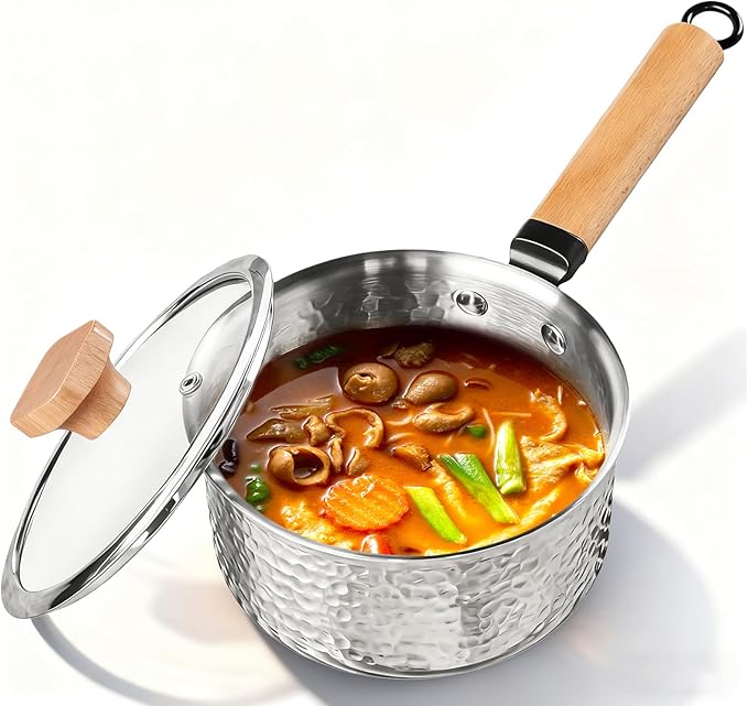 3-Ply Stainless Steel Pot, 1.8 Quart Sauce Pan, Multipurpose Small Cooking Pot with Glass Lid, Fast Heating Yukihira Pot, All Cooktop Compatible for Milk, Soups, Pasta and Everyday Cooking