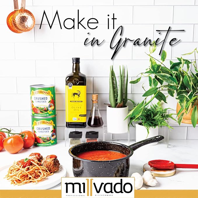 2 Quart Granite Saucepan, Naturally Nonstick Sauce Pots, Speckled Enamel Ware Cookware, Small Sauce Pan for Cooking and Boiling - Granite Cooking Pot for Stovetop, Campfire, Outdoor Stove