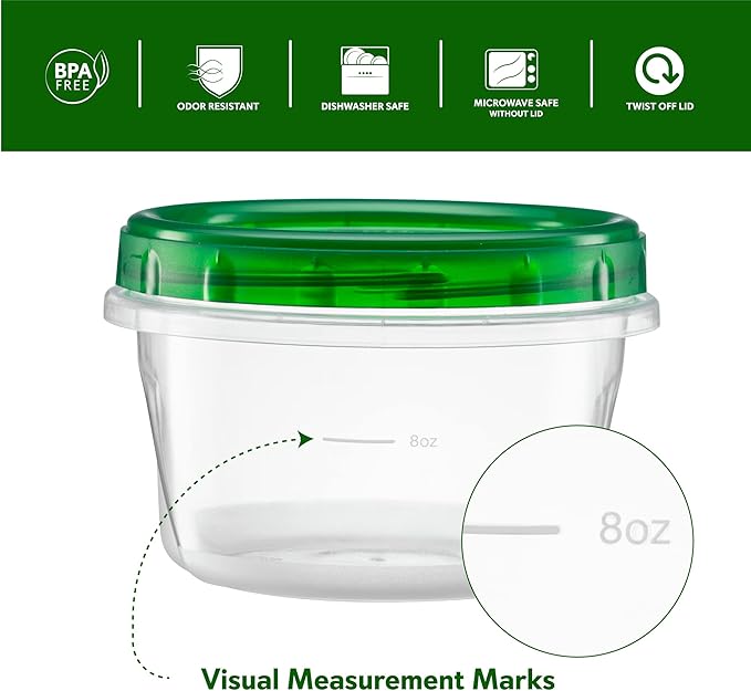 (16 Ounce 10 Pack) Twist cap Containers Clear Bottom With Green Top Screw on Twist Top Food Storage Freezer Containers