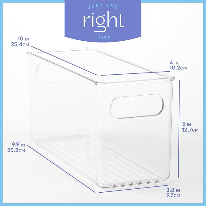 Plastic Food Storage Clear Container Bin with Handles for Organizing Kitchen, Pantry, Refrigerator, Freezer, Pantry, Cabinet, Closet, Bathroom. 10”x4”x5”