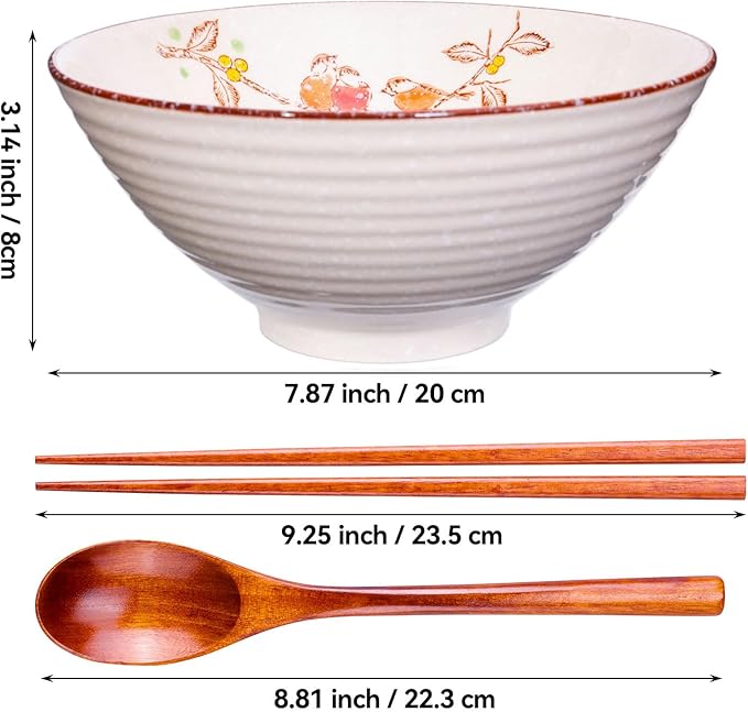 40 OZ ceramic ramen bowls, 8 IN large Japanese noodle soup bowl, match chopsticks and spoons, suitable for Pho, Udon Asian noodles (Flowers and birds)