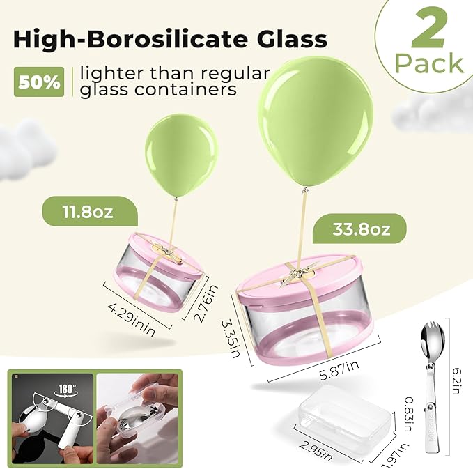 Glass Food Storage Containers with Airtight Lids, 33.8oz & 11.8oz High-Borosilicate Glass Meal Prep Containers with Spork, Bento Lunch Boxes for Salad, Ramen, Soup, Snacks, Fruit - 2 Pack, Pink