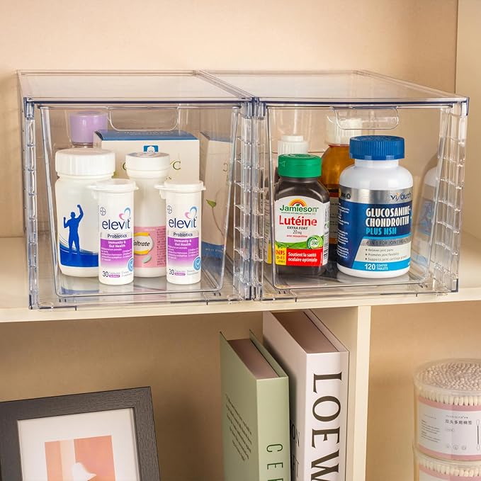 1Pack Large Stackable Storage Drawers,Clear Acrylic Organizers with Handle,Easily Assemble for Kitchen Undersink,Bathroom,Cabinet,Makeup,Closet,Medicine,Pantry Organization Bins