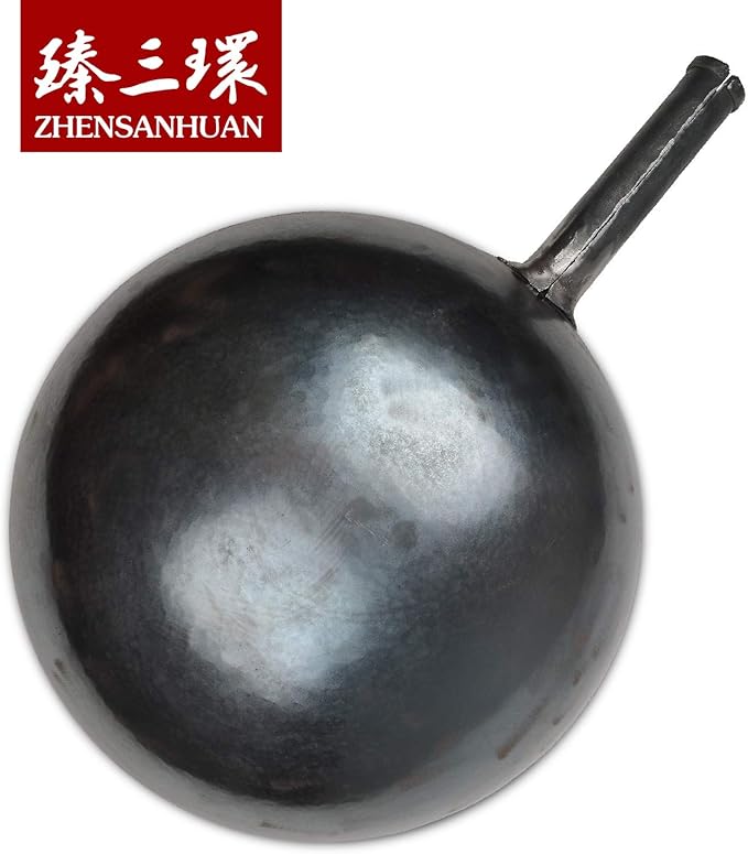 臻三环 ZhenSanHuan Chinese Hand Hammered Iron Woks and Stir Fry Pans, Non-stick, No Coating, Carbon Steel Pow (32CM, Blue Black - Seasoned)