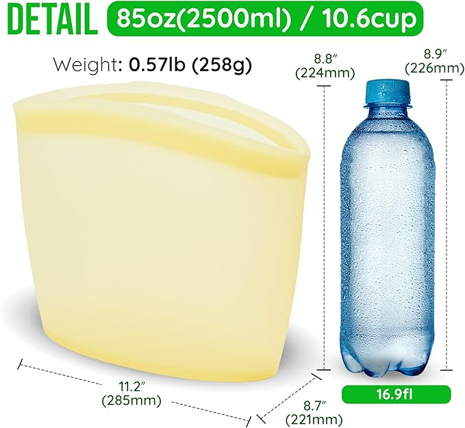 Reusable Silicone Food Storage Bags 10.6Cup (84oz), Airtight Food Storage Containers Food Grade Silicone Snack Bags, BPA Free Food Storage Container, Microwave Safe, Sous Vide Container, Yellow