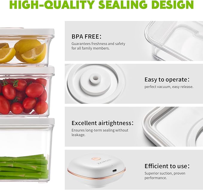 3 Vacuum Seal Containers Set with Sealer Machine - Airtight Food Storage Containers, Meal Prep Containers, BPA-Free & Leakproof, for Vegetable, Meat, Snack, Bread and More (white)
