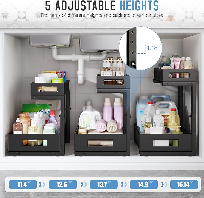 1 Pack-11.4"-16.14"H Under Sink Storage Organizer, Large 2-Tier Elegant Mesh Pull Out Shelf for Kitchen and Bathroom Cabinet Organization, L-Shaped and Adjustable Height Design for Maximum Space-Black