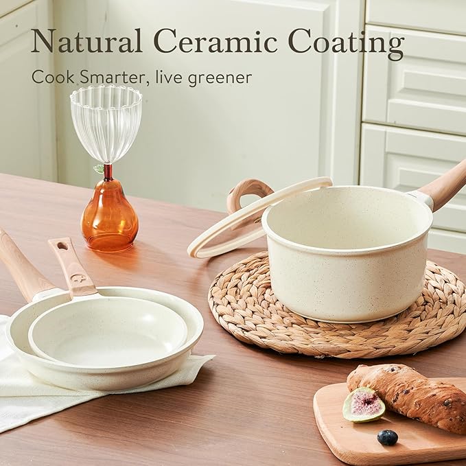 Pots and Pans Set Non Stick Non-Toxic 22 Pcs Ceramic Cookware Sets Nonstick Kitchen Pot&Pan With Lid Cream White Granite Induction Compatible with Glass Lids Crepe Frying Pan PFOA/PFOS-Free