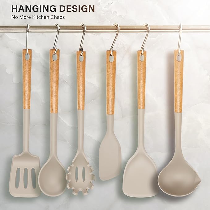 Silicone Cooking Utensils Set, Heat Resistance Large Kitchen Utensils Set with Long Wooden Handle, BPA-free Silicone Spatula, 6 Pcs Cooking Spoons for Non Stick Frying Pans and Pots(Khaki）