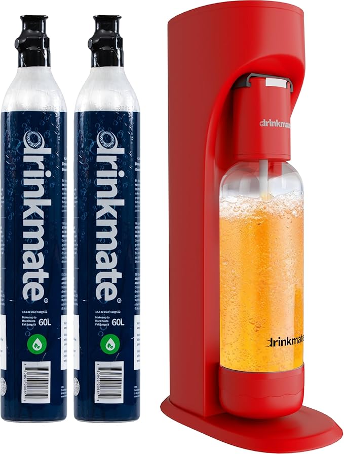 Drinkmate OmniFizz Sparkling Water and Soda Maker, Carbonates Any Drink, Bubble Up Bundle - Includes Two 60L CO2 Cylinders, One Carbonation Bottle, and Fizz Infuser (Royal Red)