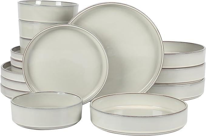Bloomhouse Santorini Mist Double Bowl Terracotta Reactive Glaze Plates and Bowls Dinnerware Set - Moonstone White, Service for Four (16pcs)