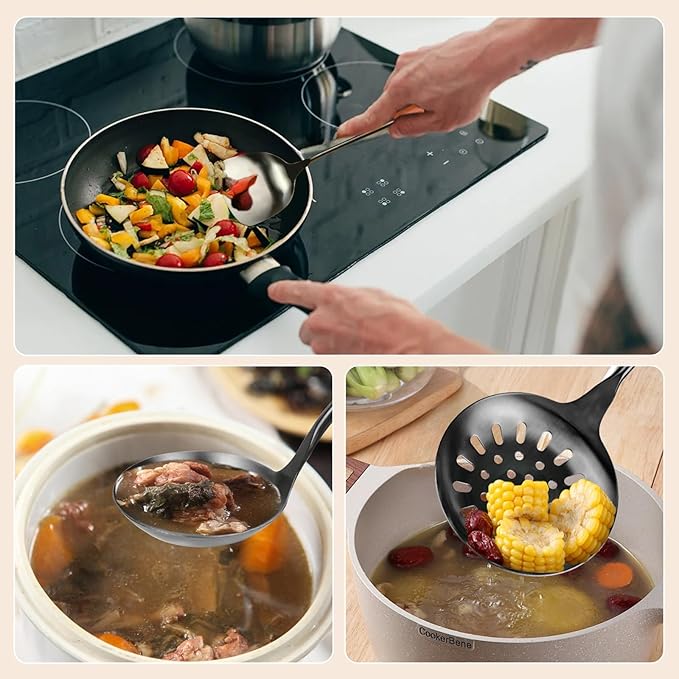 FJNATINH 304 Stainless Steel Kitchen Utensil Sets - 6 PCS Wok Spatula Sets Cooking Utensil Tools Spatula, Soup Ladle, Skimmer Spoon, Slotted Spatula Tunner, Spaghetti Spoon, Large Spoon