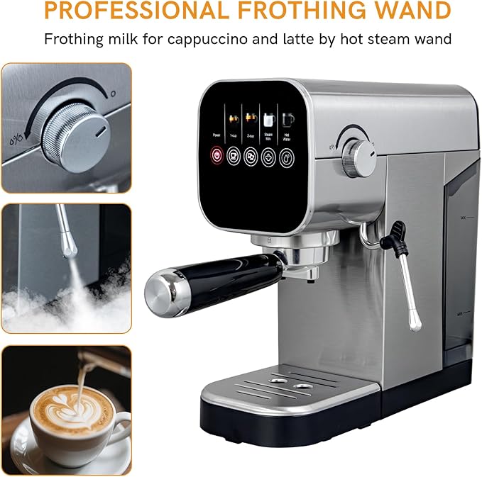 Espresso Machine with Steam Milk Frother Compact Cappuccino Machine with Programmable to Customized Americano Touch Screen Coffee Maker for Latte, Hot Water Stainless Steel