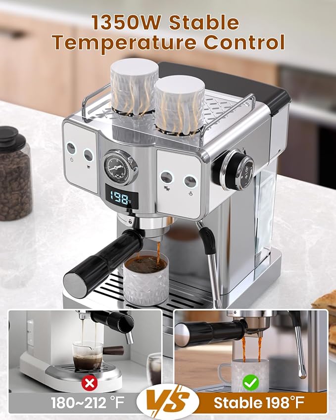 Espresso Machine 20 Bar, Milk Frother Steam Wand, 60oz (1.8 Liters) Water Tank, 1350W for Home Barista Espresso Latte Macchiato and Cappuccino Maker