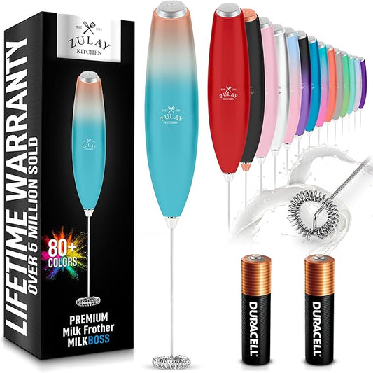 Zulay Kitchen Milk Frother Handheld Electric Whisk with AA Duracell Batteries – Durable Drink Mixer for Coffee, Lattes, Cappuccinos & More - Sunrise