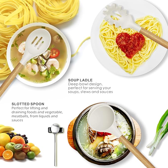 Silicone Cooking Utensils Set - 446°F Heat Resistant Silicone Kitchen Utensils for Cooking,Kitchen Utensil Spatula Set w Wooden Handles and Holder for Non-Stick Cookware, BPA FREE (Cream White)