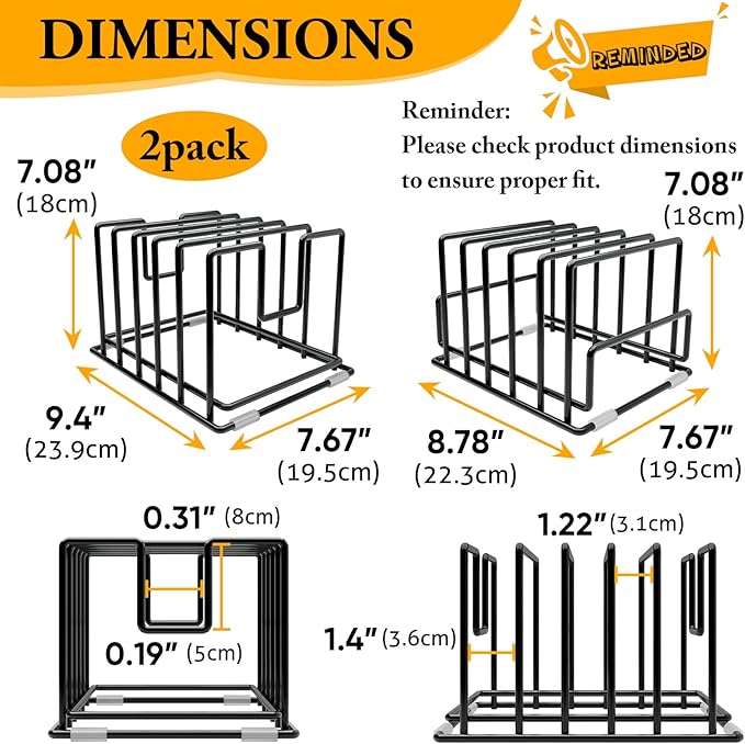 2 Pack Cutting Board Organizer and Pot Lid Holder, Kitchen Cabinet Organizer Rack with 7 & 5 Compartments, Heavy-Duty Iron Baking Sheet Pan Organizer with Non-Slip Base, Space-Saving Kitchen Storage