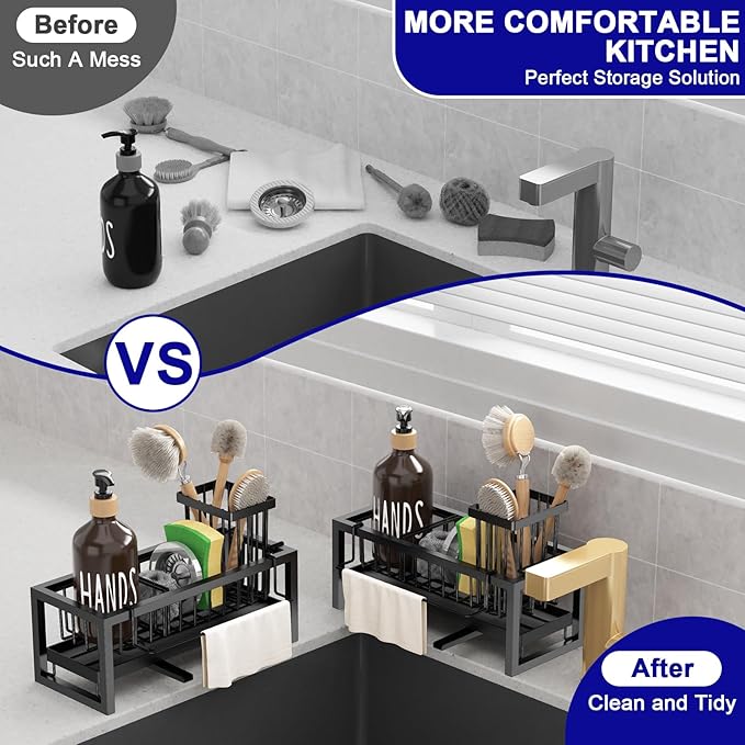 Sponge Holder for Kitchen Sink, Sink Caddy with Towel Holder, Kitchen Countertop Storage Organization, Home Apartment Essential Accessories (Black)