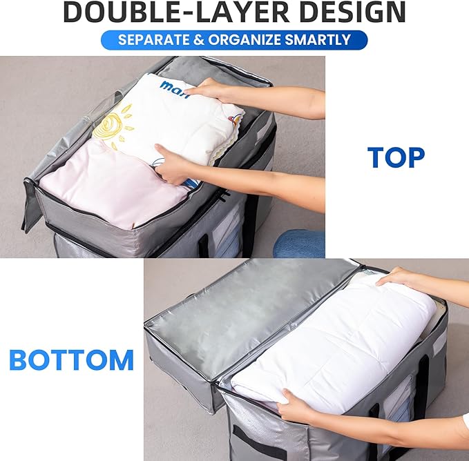 TAILI 2 Tier Extra Large Moving Bags, 2 Pack Silver Heavy Duty Totes for Storage with Visible Window, Wrap Around Handles, Storage Bags for Space Saving, Alternative to Moving Boxes