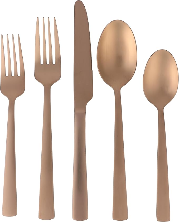 Gibson Elite Earlston 20-Piece Flatware Silverware Set - Stainless Steel Utensils - Forks, Spoons, Knives - Service for 4 - Matte Rose Gold