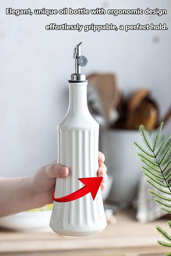 LYEOBOH Olive Oil Dispenser Bottle, Oil Dispenser for Kitchen, Ceramic Cooking Vinegar Dispensing Bottles with Spout, White
