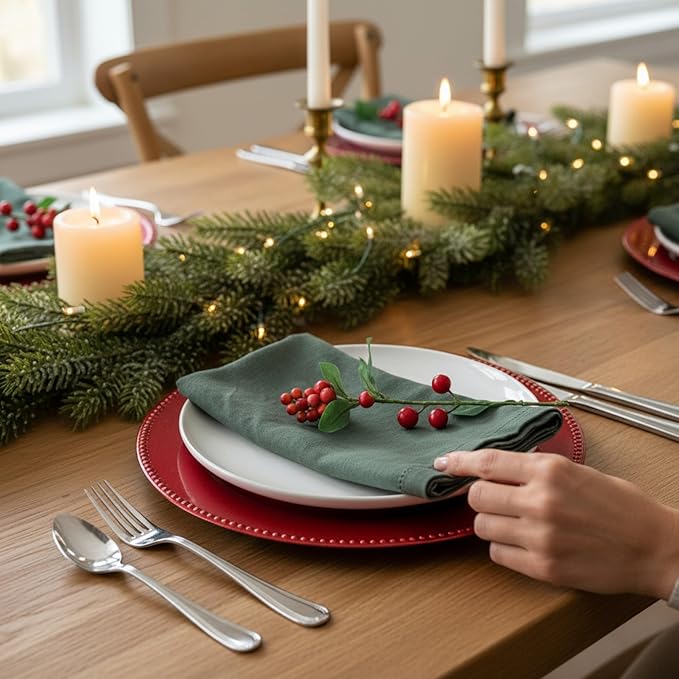 Hemstitched Linen Napkins – 20 Inch x 20 Inch – Stonewashed Pure Linen Cloth Dinner Napkins with Mitered Corners - 100% French Flax – Machine Washable - Set of 4 (Soft Rustic Green)