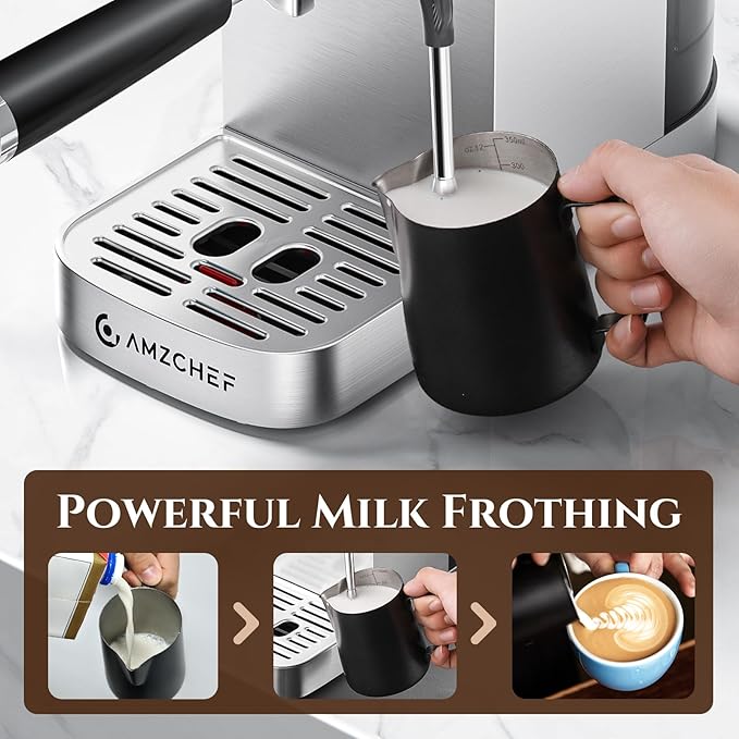 AMZCHEF Espresso Machine with LCD Display, 20 Bar Cappuccino Machines with Milk Frother for Home Gifts, Latte Coffee Maker with Dual Wall & Filters, Stainless Steel Style sliver