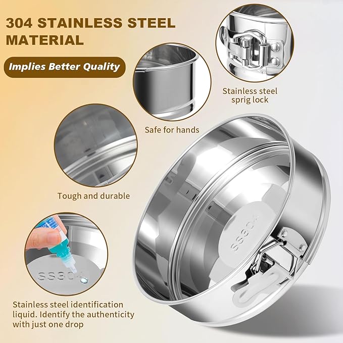 4, 7, 9 Inches Springform Pan Set of 3-304 Stainless Steel Nonstick Springform Cake Pan Set with Removable Bottom, 10 Inch Leakproof Silicone Cheesecake Pan Protector with 60 Pcs Parchment Paper