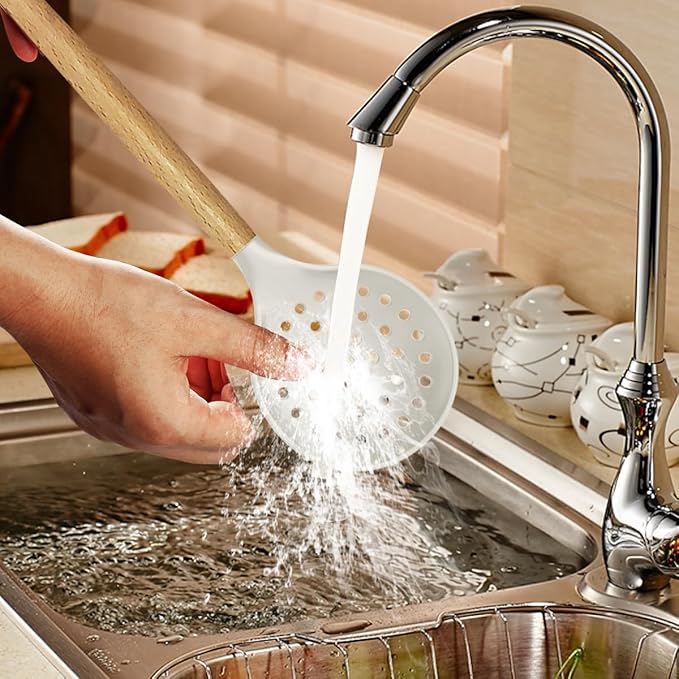 Silicone Cooking Utensils Set - 446°F Heat Resistant Silicone Kitchen Utensils for Cooking,Kitchen Utensil Spatula Set w Wooden Handles and Holder for Non-Stick Cookware (Cream White)