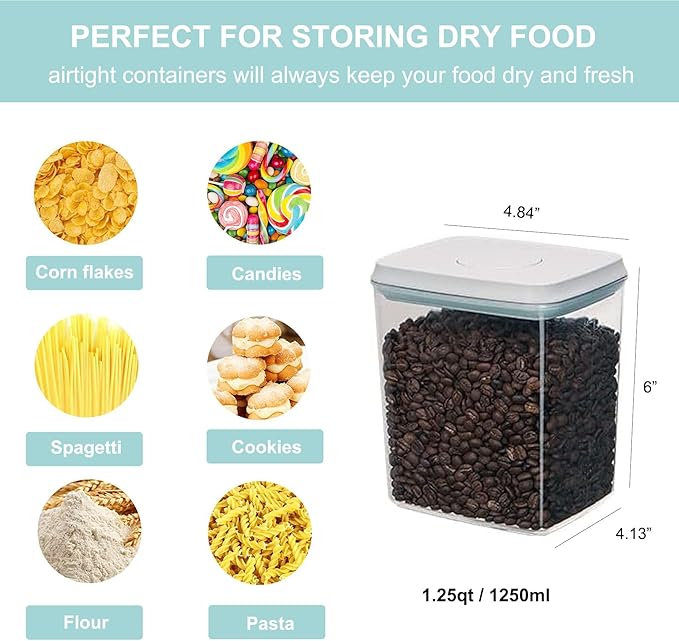 Airtight Food Storage Container - 1.25qt / 1250ml Rectangle Pop Containers With Lids, Bpa Free for Spaghetti Cereal Flour Rice Kitchen Organizer