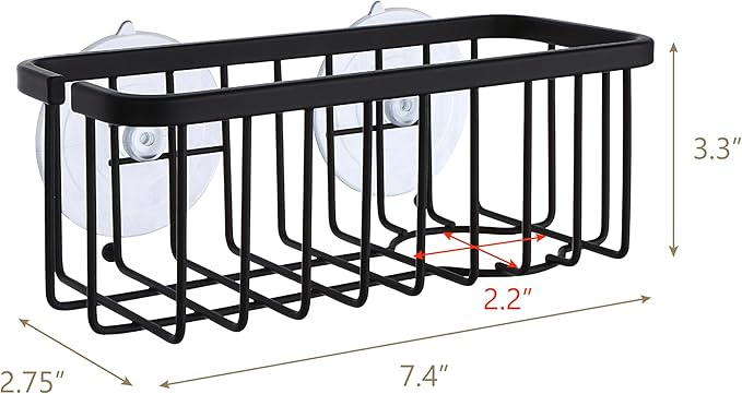 SunnyPoint NeverRust Deluxe Kitchen & Bathroom Sink Sponge Holder Organizer with Adhesive Mount - Additional Suction Cup Included – Sponge & Brush NOT Included – 7.4 x 3.3 x 2.75 Inch, BLK