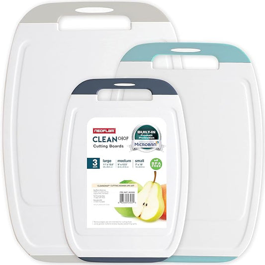 Neoflam Microban Protection Cutting Board 3 Piece Set, Stain & Odor/BPA Free, Reversable Board, Upgraded Larger Juice Groove, Non-Slip EZ Grip Handle, Dishwasher Safe,Grey