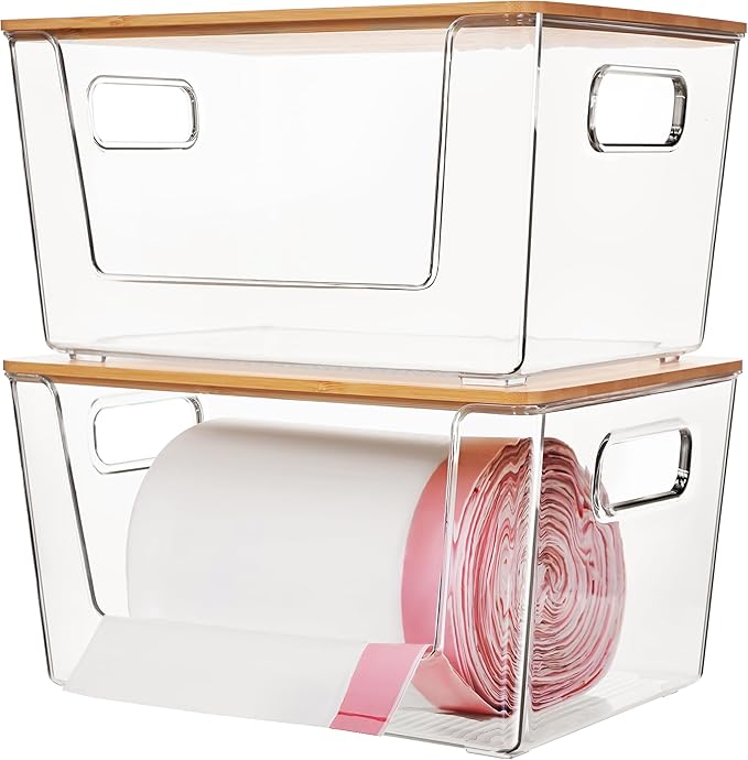 Citylife 2-Pack Extra Large Trash Bag Holders with Bamboo Tops and Handles, Laundry Room Organization and Storage for Home, Kitchen, Under-Sink Garbage Bag Dispenser