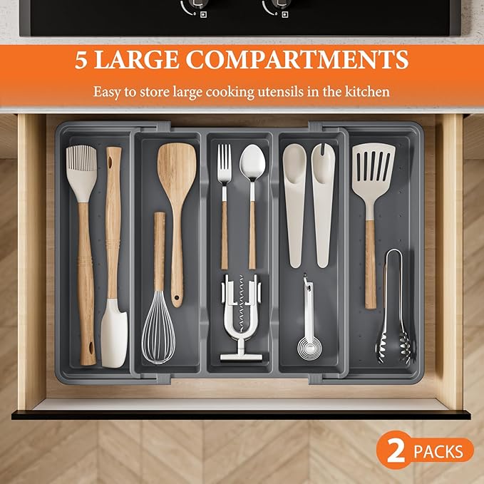 Silverware Organizer, Expandable Utensil Drawer Organizer for Kitchen Drawers, Kitchen Drawer Organizer for Spoons/Forks/Knives, Multipurpose & BPA Free Cutlery Tray, Grey, 2 Pack