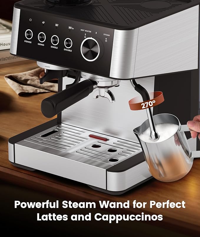 COWSAR Espresso Machine with Grinder, 15 Bar Expresso Coffee Machines with Milk Frother Steam Wand for Latte/Cappuccino, 77.8oz Removable Water Reservoir for Home/Office