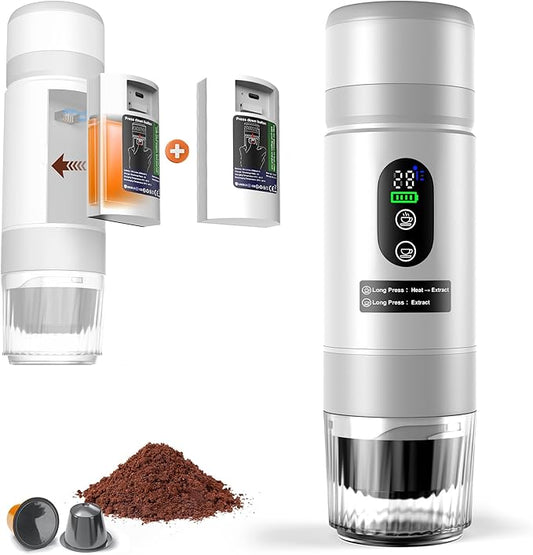 Portable Coffee Machine with 2 Removable rechargeable Batteries 15,000mAh, Electric Coffee Maker for Camping & Travel, 80ml Hot/Cold Coffee, 20bar, USB-C Espresso Machine, Camping Coffee Makers White