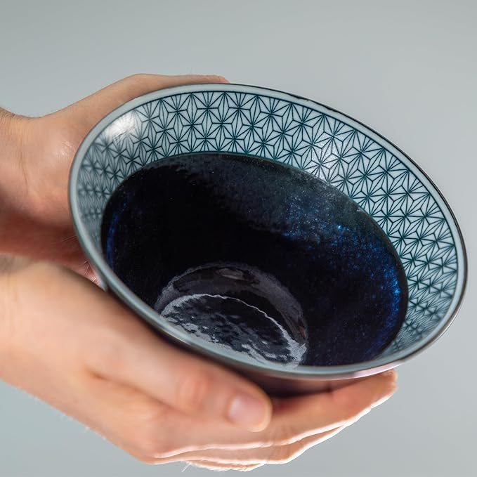 Asayu Japan Asanoha Indigo Ceramic Bowl – Medium Japanese Ramen, Rice, Soup & Salad Bowl with Traditional Leaf Pattern, Made in Japan