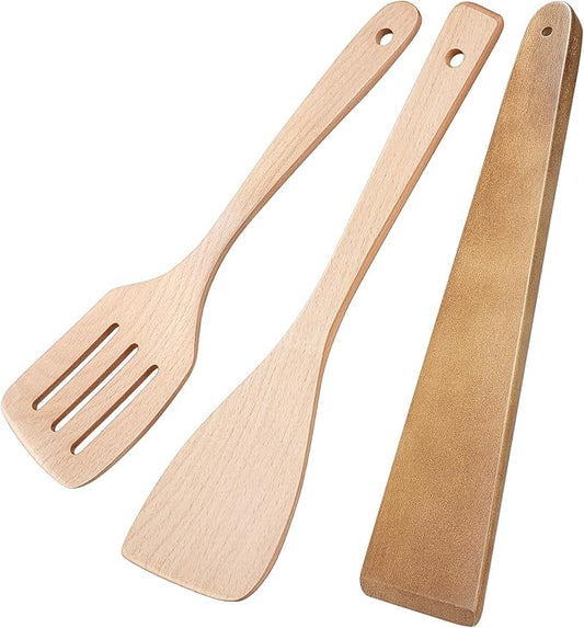 3Pcs Wooden Spatulas, 12inch Long Handle Slotted Turner Spatula Set, Uncoated Beech Wood Cooking Spoons for Non-Stick Cookware, Kitchen Utensils Set for Frying, Flipping, Scraping and Turning