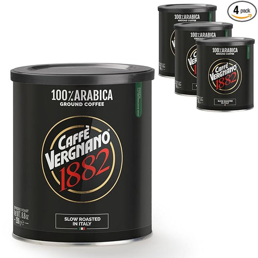 Caffè Vergnano Italian Finely Ground Espresso Coffee, 4 Pack – 100% Arabica for Moka, Intensity 4 – Sweet & Balanced Blend Slow Roasted with Notes of Chocolate, Hazelnut, Caramel, 8.82 oz Tin